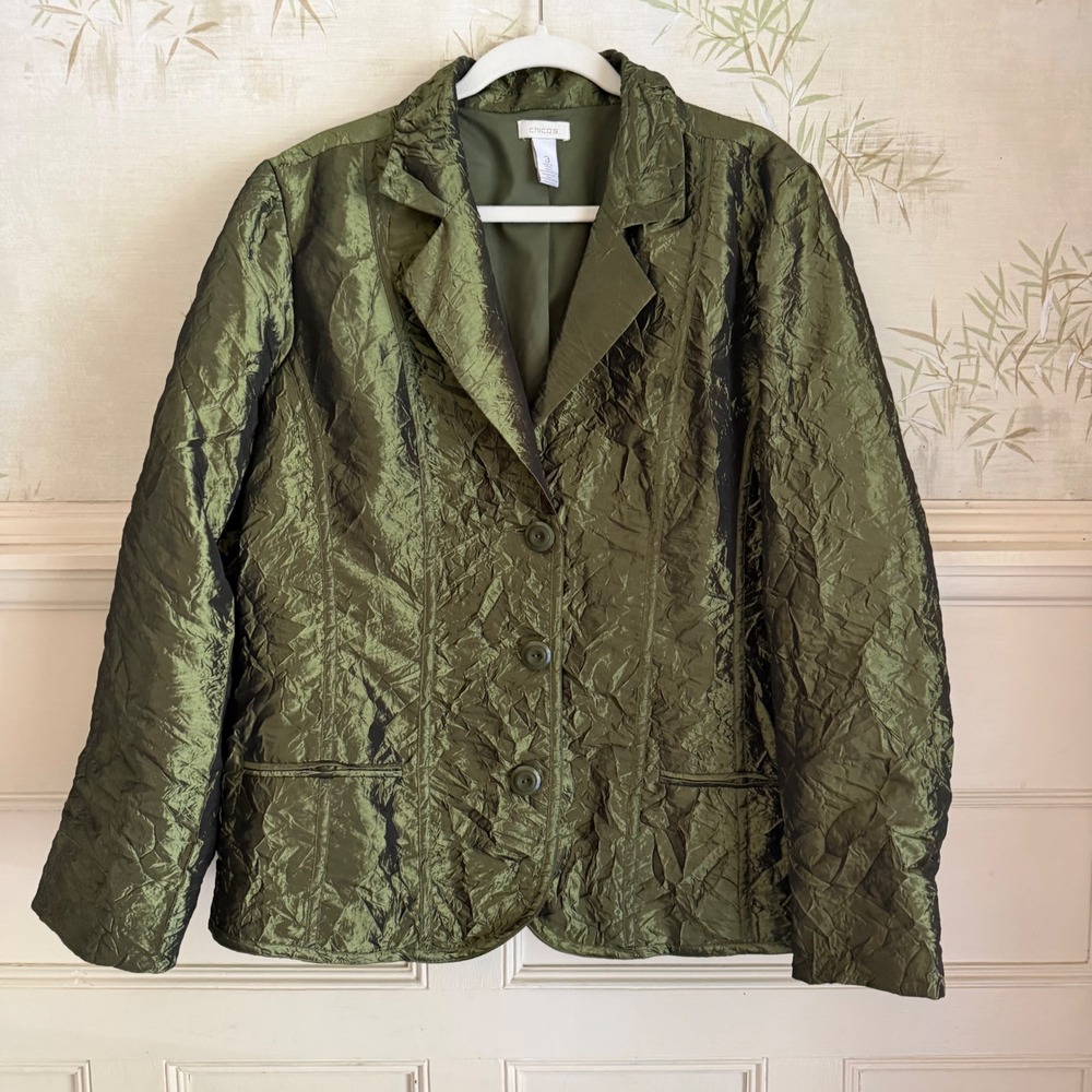 Chicos Blazer Metallic Green Crinkle Textured Sheen Button Front Jacket - 3 / XL